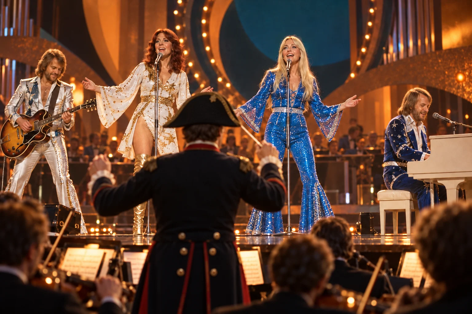 Four glam-pop performers sing on a 1970s television stage while a conductor in a dark coat and bicorne faces them.