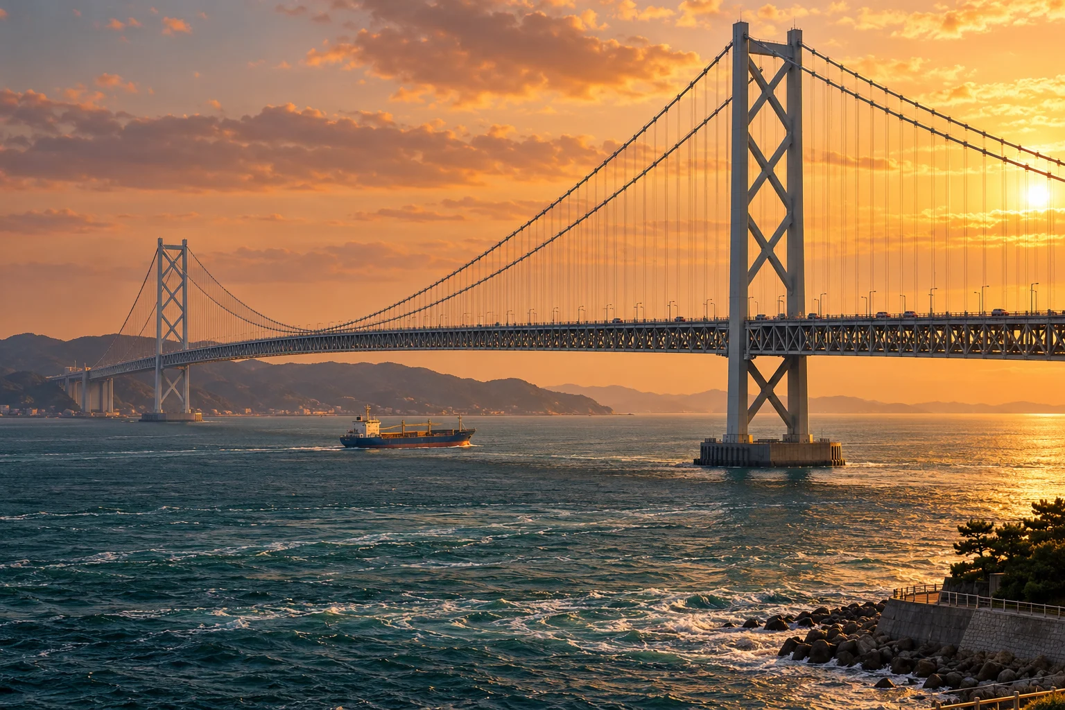 Akashi Kaikyo's two suspension towers and hanging roadway span a strait above a small cargo ship.