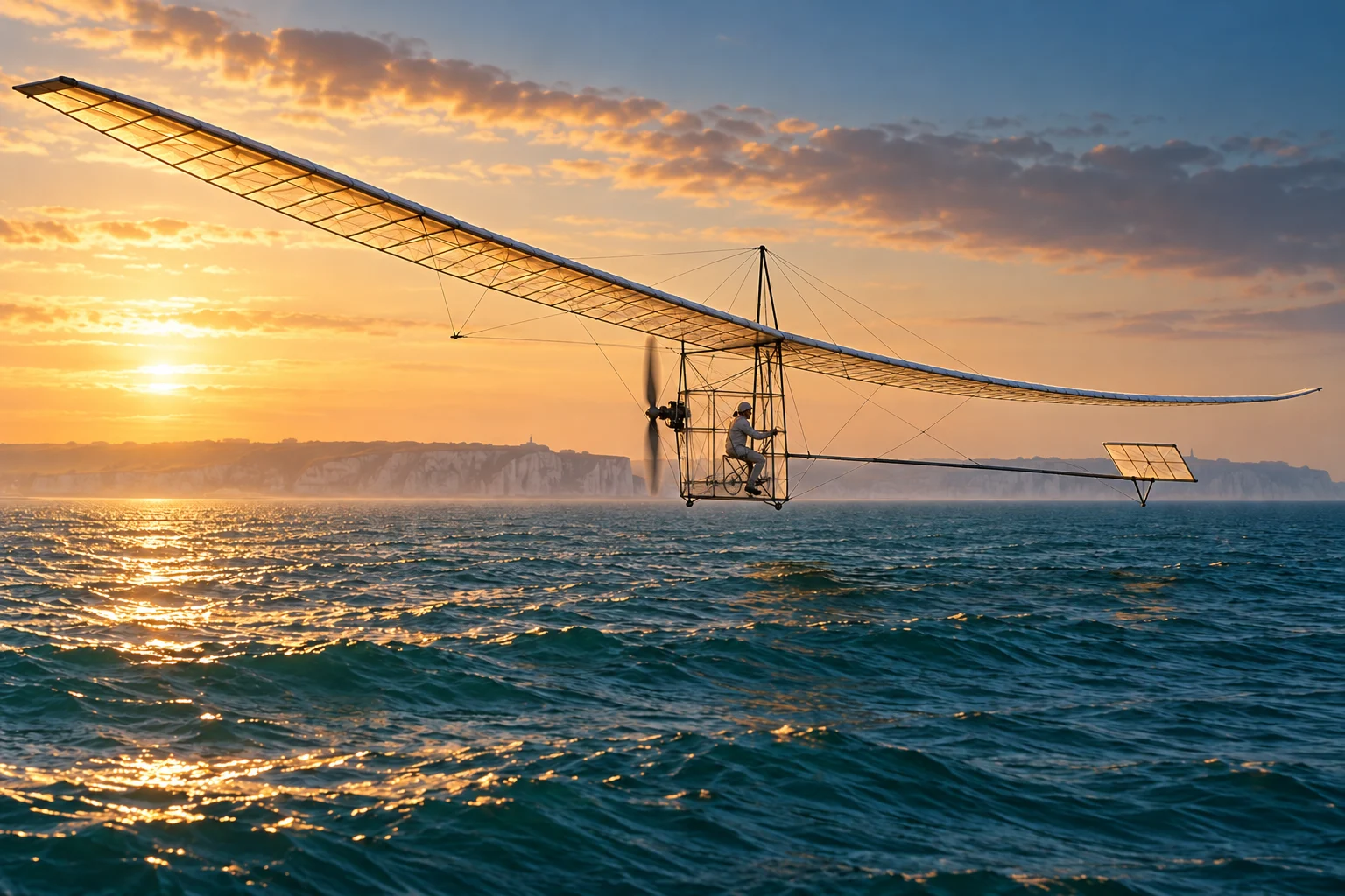 A delicate translucent aircraft flies low over the sea with a cyclist visible beneath its long wing.