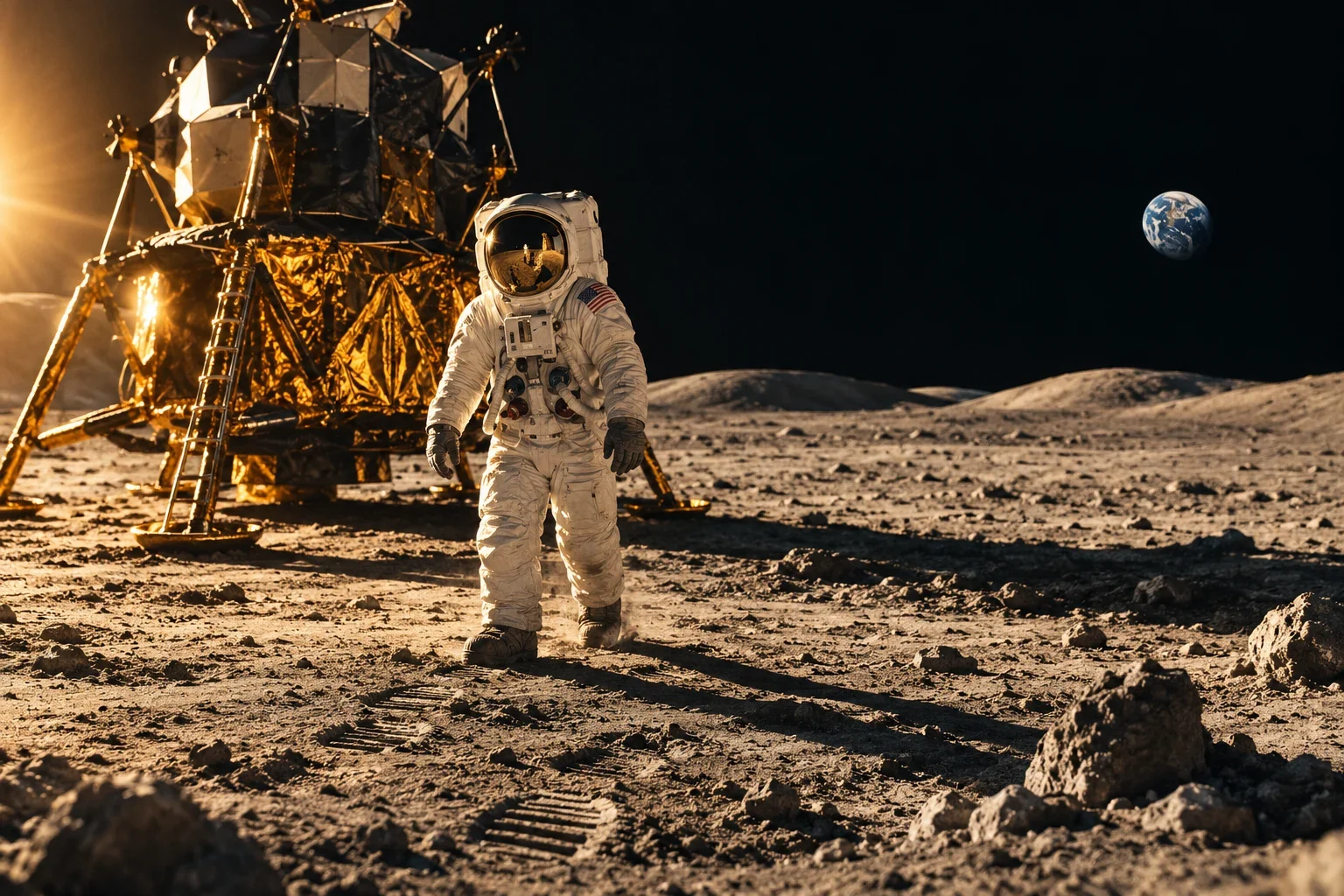 An imagined view of Apollo 11’s lunar module and an astronaut on the Moon’s dusty surface.