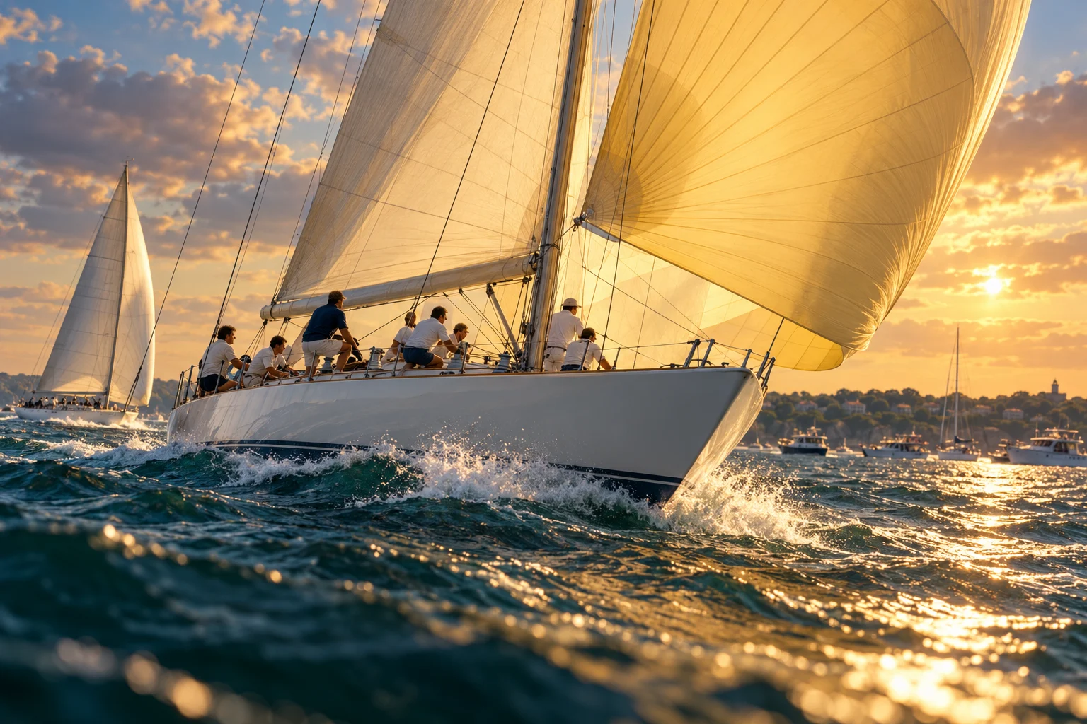 A white racing yacht heels through teal water under full sails while its crew works on deck.