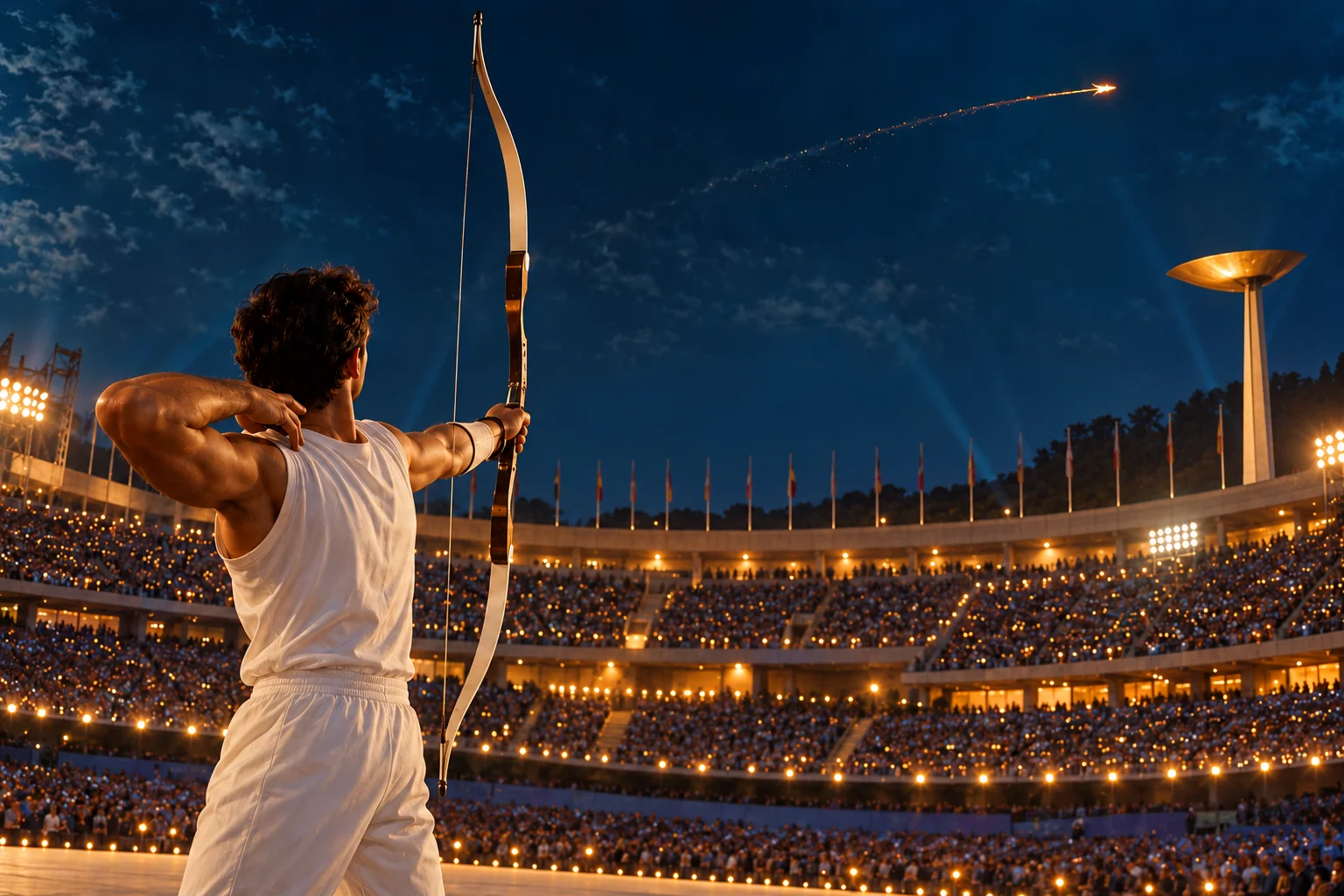 An archer releases a flaming arrow toward the high cauldron above a crowded stadium at night.