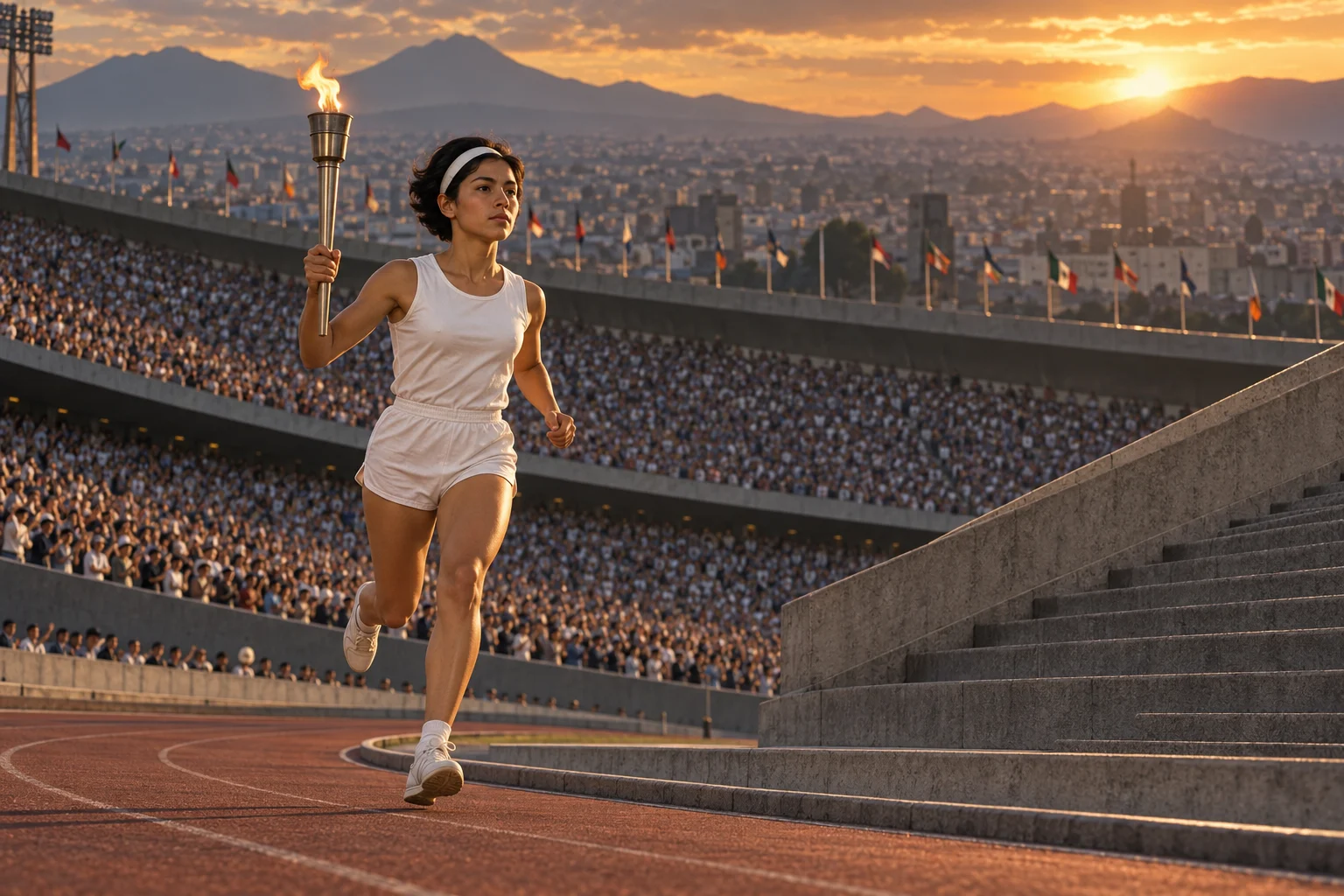 Illustration of Enriqueta Basilio carrying a flaming torch beside stadium steps in Mexico City.