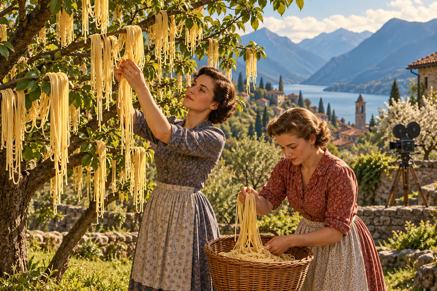 Two women collect strands of spaghetti draped over tree branches in a Swiss orchard setting.