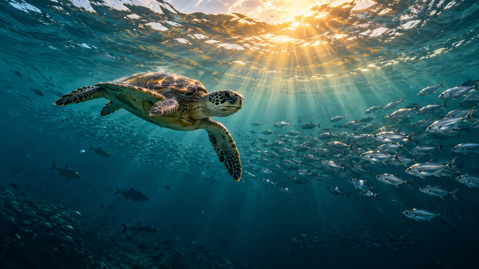 A sea turtle and schools of fish swim beneath sunlit waves in the open ocean.