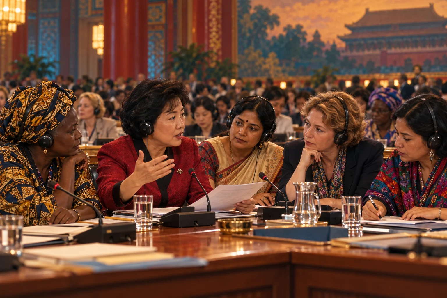 Women delegates wearing translation headphones discuss papers around a conference table.
