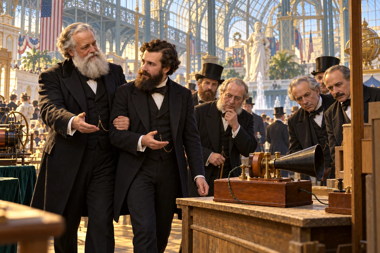Dom Pedro II takes Alexander Graham Bell’s arm as exhibition judges approach an early telephone on a wooden bench.