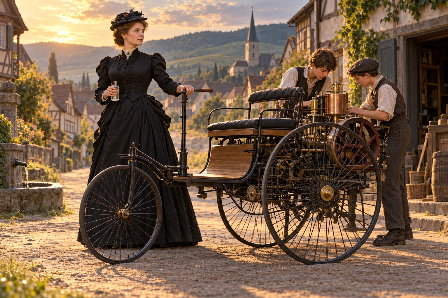 A woman in Victorian travelling clothes stands beside a three-wheeled motor car while two teenage boys inspect its engine.