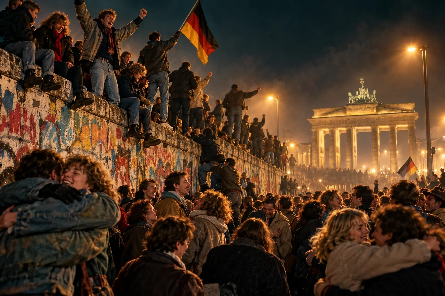 An imagined nighttime crowd celebrating at an opened border checkpoint in 1989.