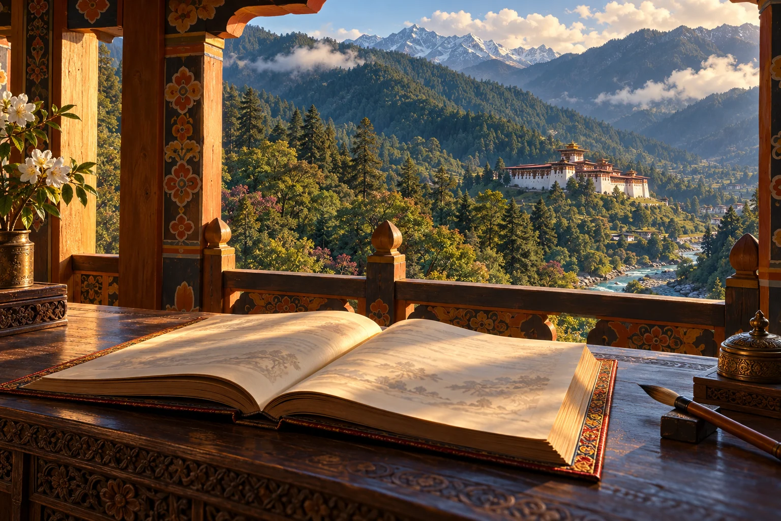 An open document on a carved desk overlooks a forested Bhutanese mountain valley.