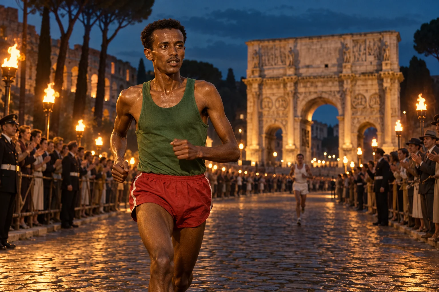 An Ethiopian runner in a green singlet and red shorts leads along a torchlit Roman road, with his feet outside the frame.