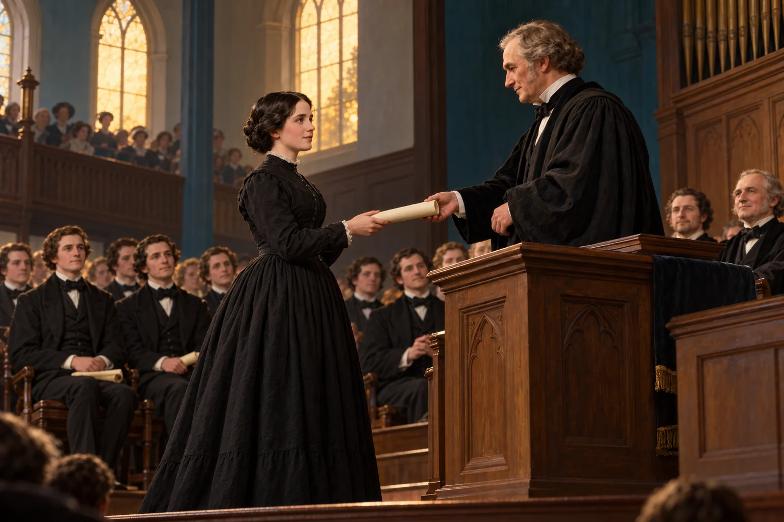 Elizabeth Blackwell receives a diploma on a church platform before seated medical graduates.