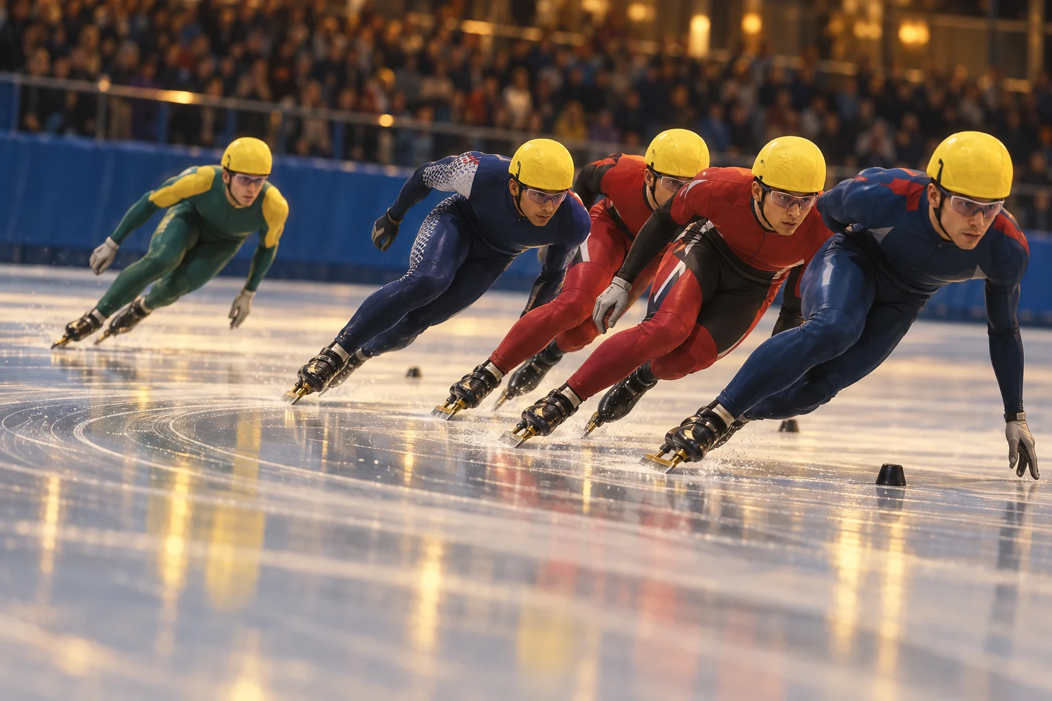 An Australian short-track skater trails four tightly grouped competitors approaching a bend.