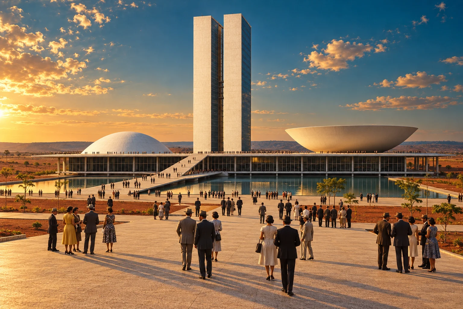 People in 1960 clothing gather before Brasília’s National Congress, with its twin towers, dome and upward-facing bowl.