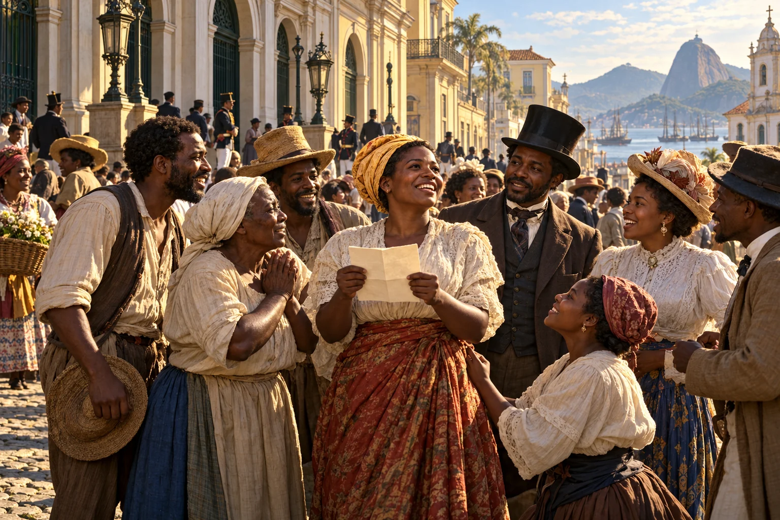 Black Brazilian residents share news from an unlettered paper on a nineteenth-century Rio street.
