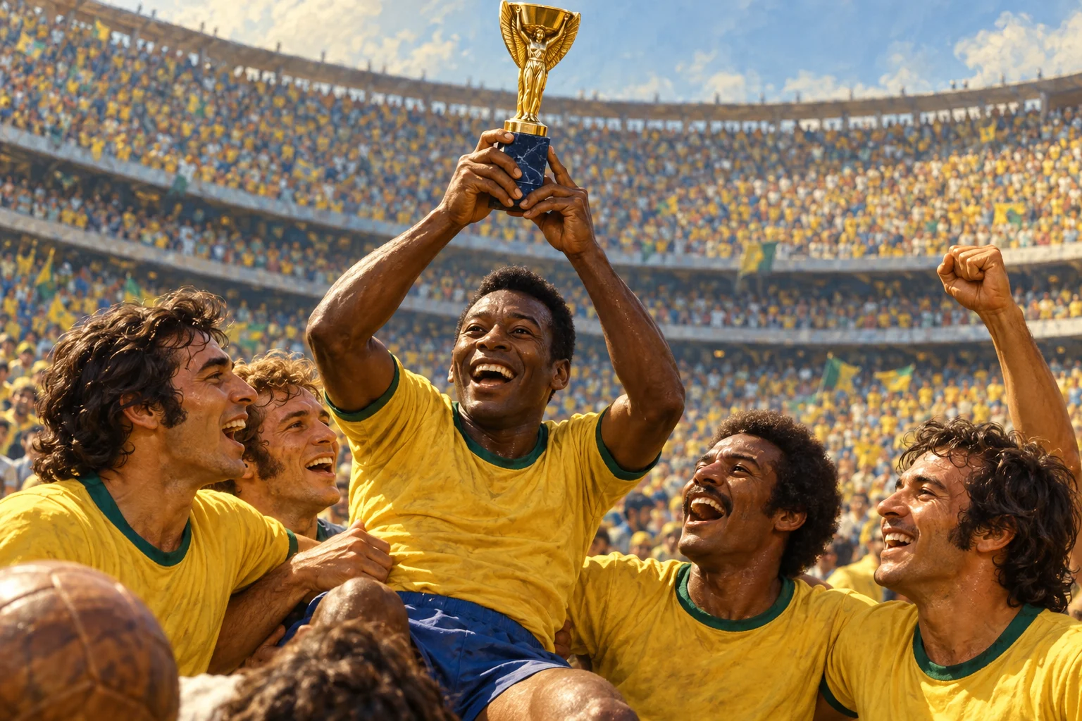 Brazilian footballers in plain yellow shirts lift a small winged trophy before a packed stadium.