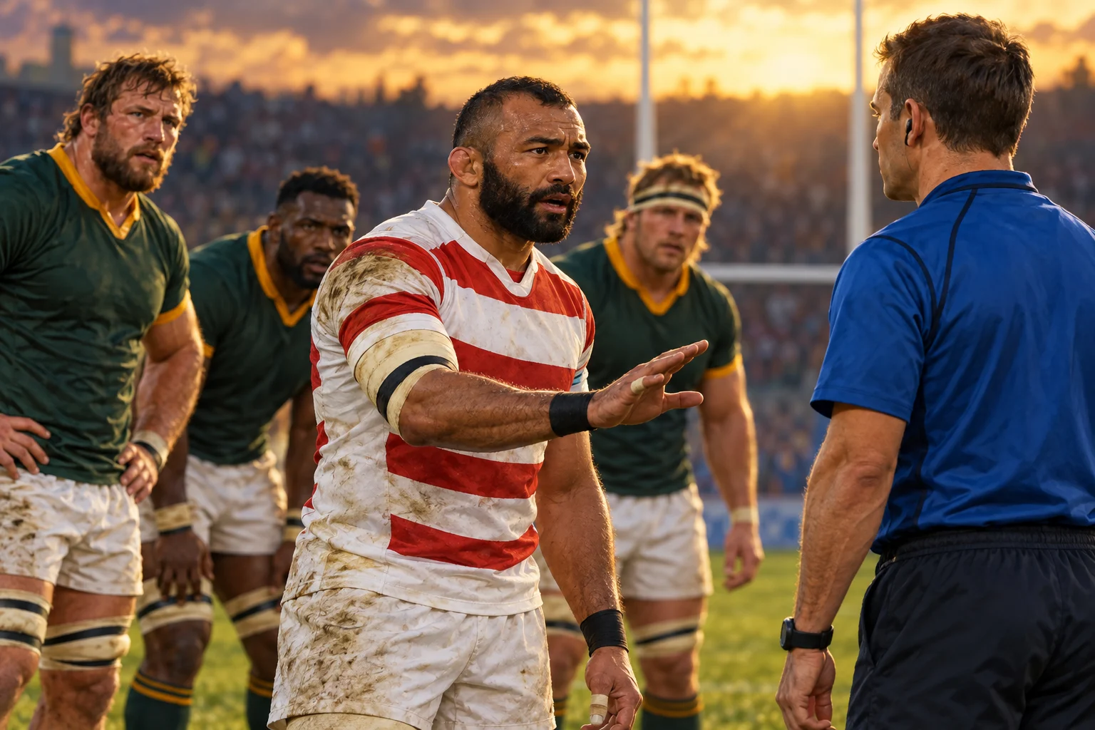 Japan captain Michael Leitch speaks with the referee as South African players wait nearby.