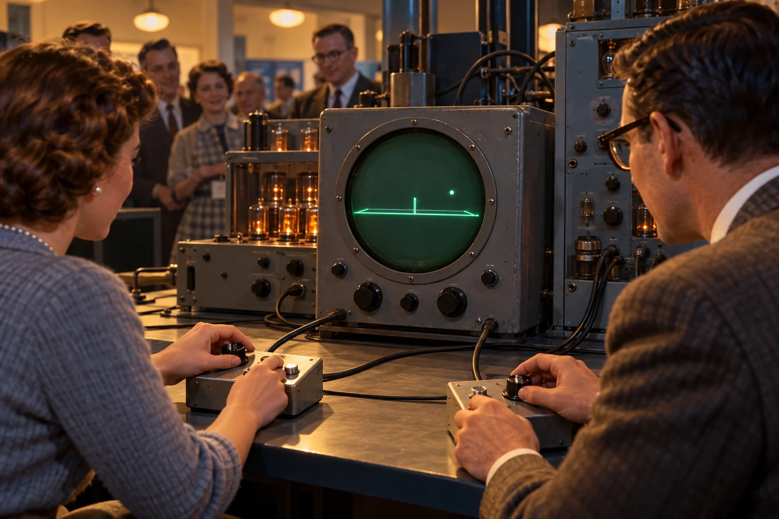 Two visitors operate handheld controllers beside a glowing circular tennis display in a 1950s laboratory.