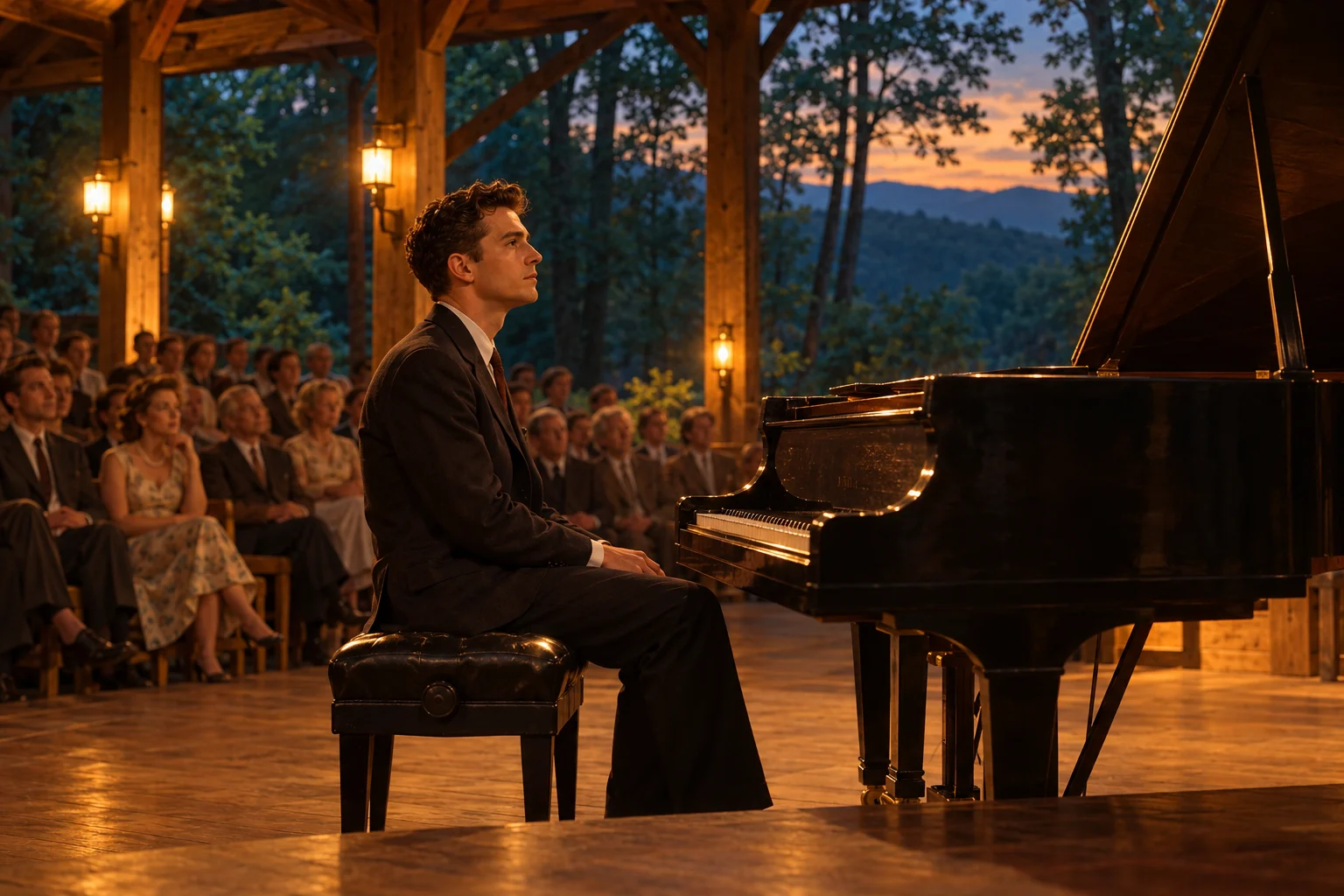 A pianist sits with his hands away from the keyboard as an audience waits in an open-sided timber concert hall.