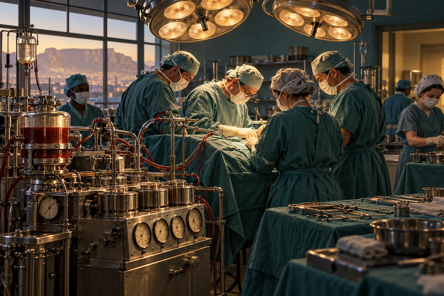 A surgical team works around a draped patient beside period circulation equipment.