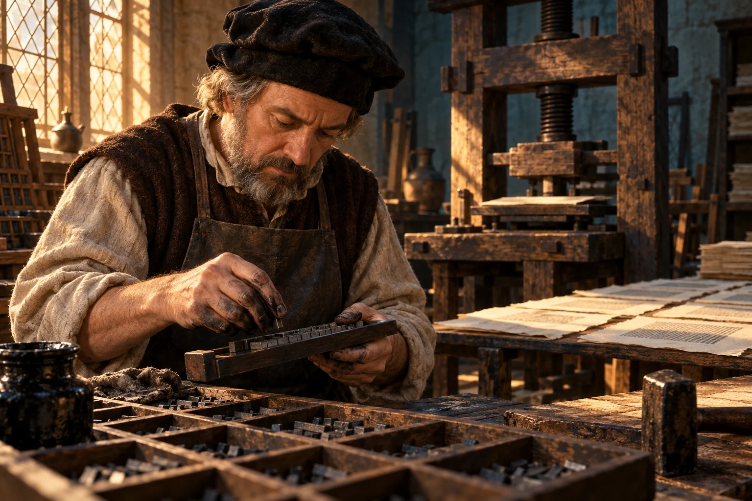 An ink-stained printer arranges metal type beside a timber press and drying sheets in a medieval workshop.