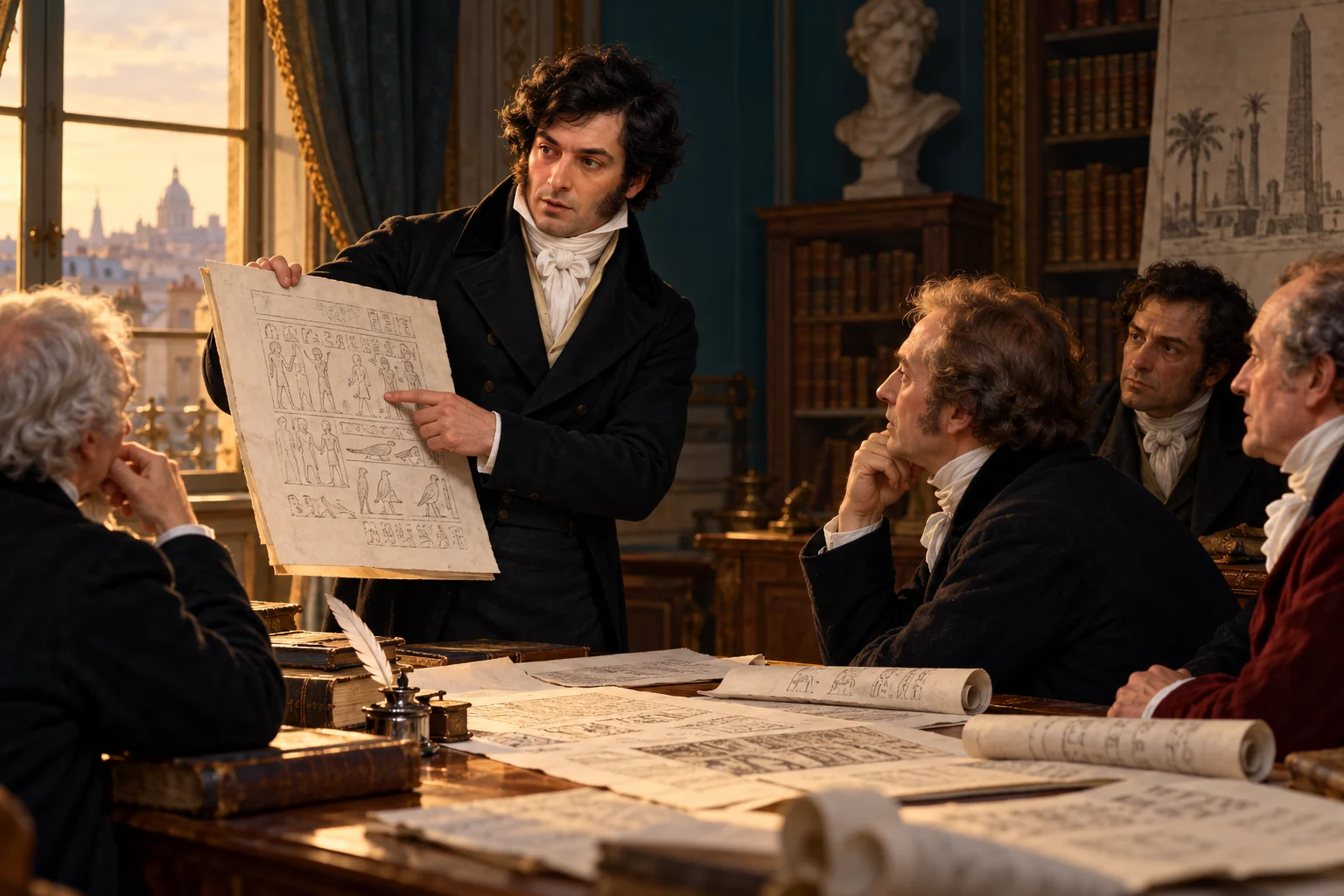 An early nineteenth-century scholar presents paper copies of Egyptian inscriptions to colleagues in a Paris meeting room.