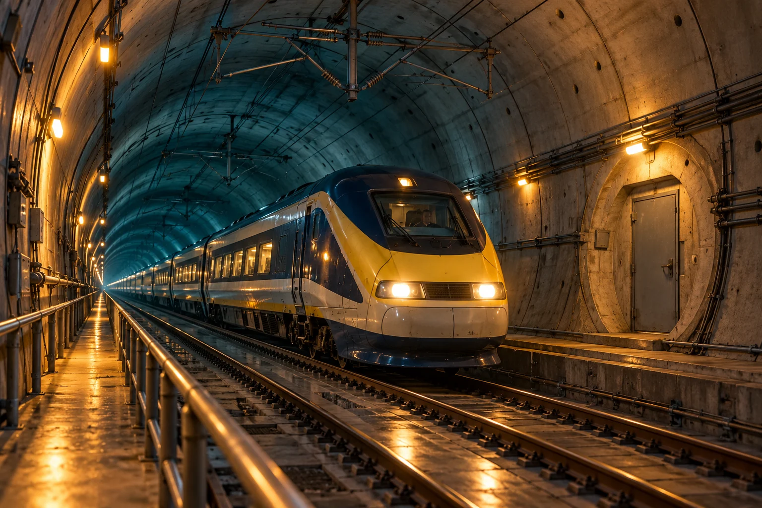 A blue and pale yellow passenger train travels through a circular railway tunnel beside a closed cross-passage door.