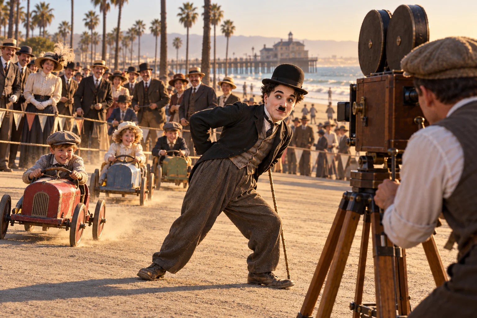 A bowler-hatted comedian leans toward a hand-cranked camera while children race small push-cars behind him.