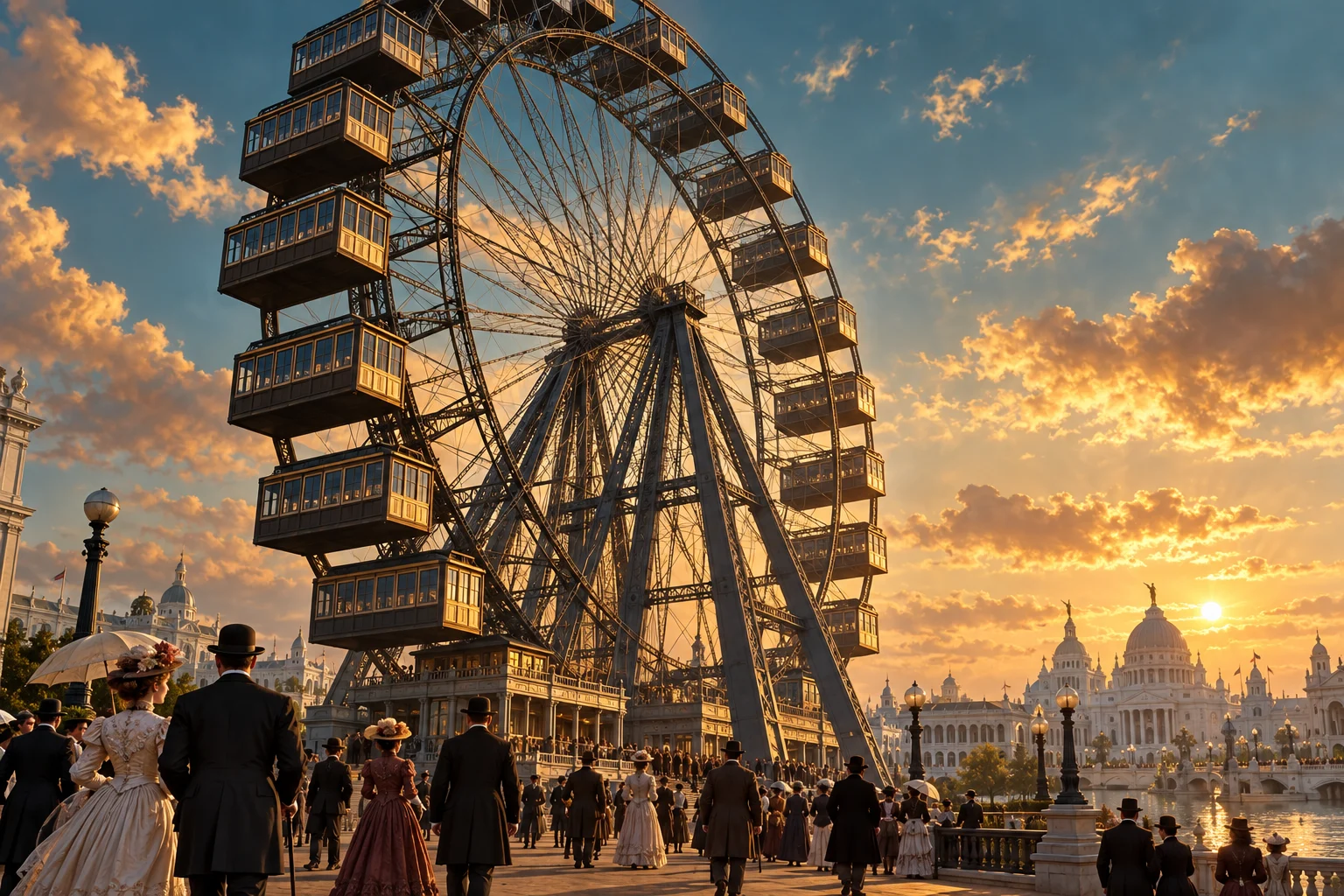 A vast spoked wheel with long enclosed passenger cabins rises over visitors in nineteenth-century dress.