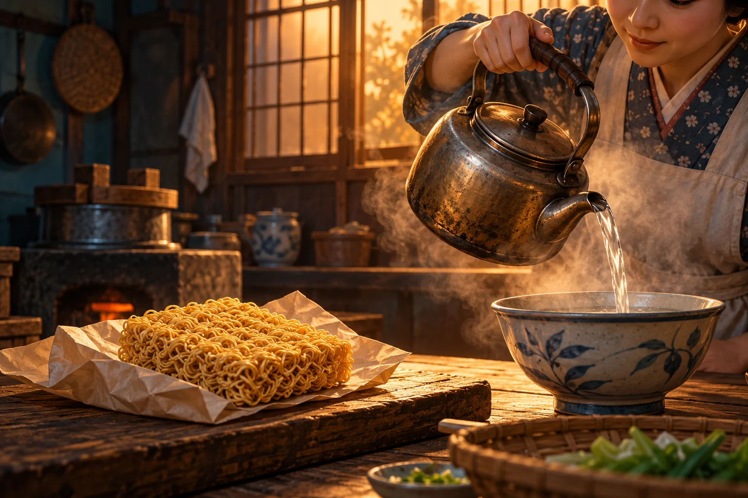 A dry noodle cake beside a steaming bowl as water is poured from a metal kettle in a Japanese kitchen.