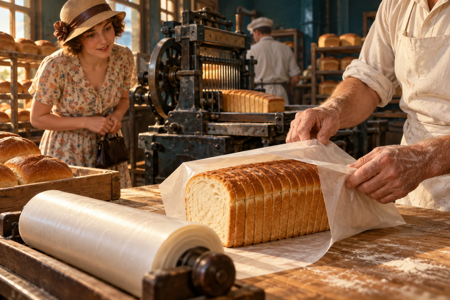 A baker wraps an evenly sliced loaf in a Missouri bakery, with early slicing machinery behind the counter.