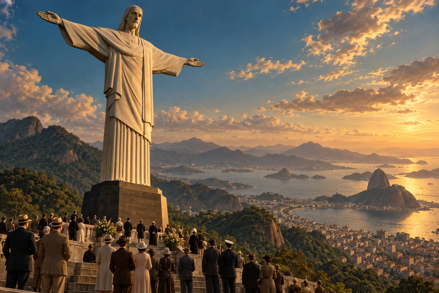 Christ the Redeemer rises above a small period gathering on Corcovado, with Rio’s bay and mountains beyond.