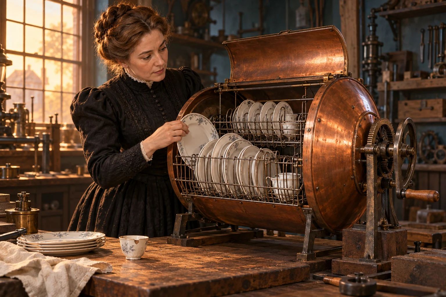 Josephine Cochrane examines china held in wire racks inside an early copper dishwashing machine.