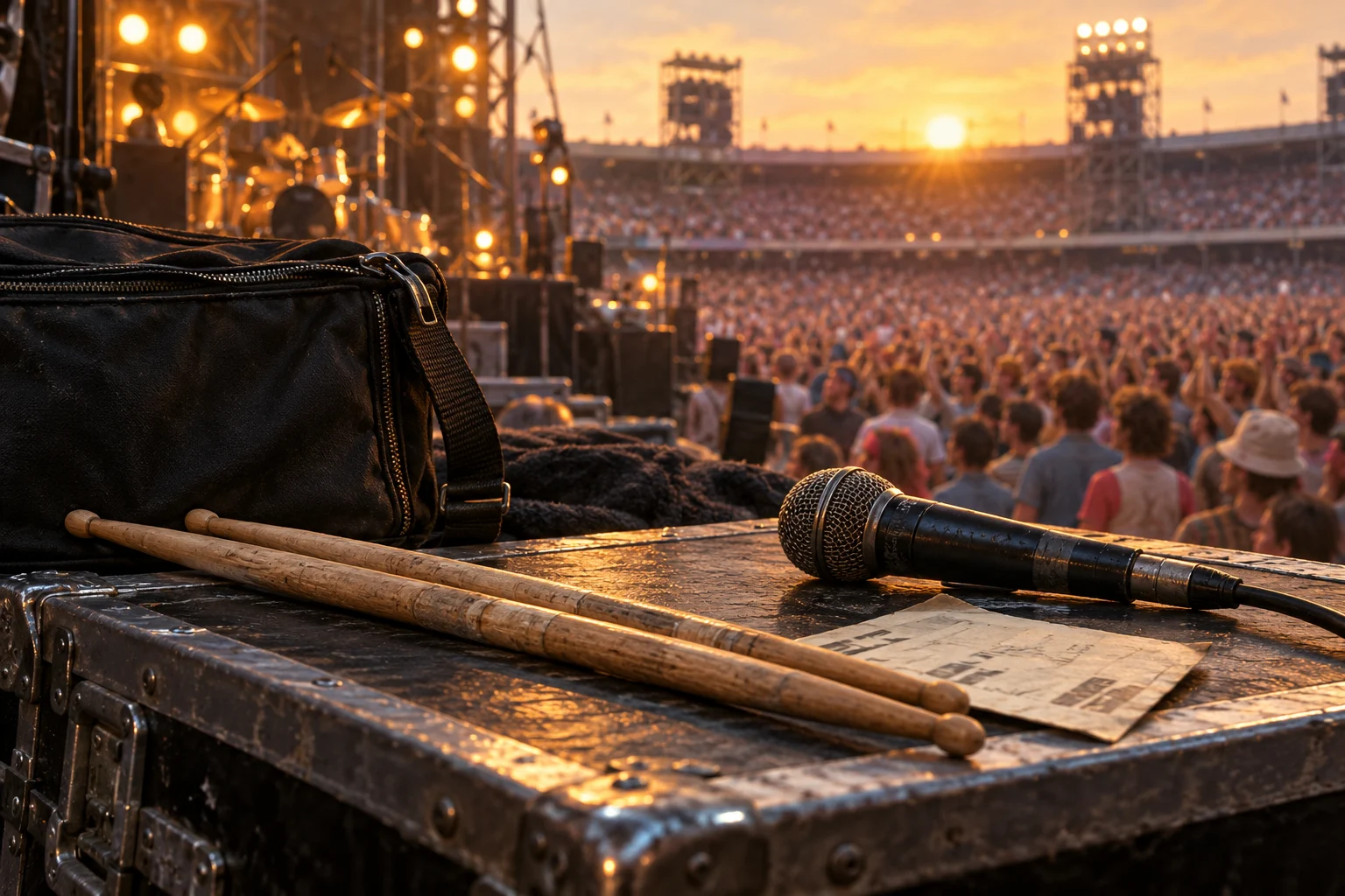 Drumsticks, a microphone and a flight bag rest beside a crowded 1980s concert stage.