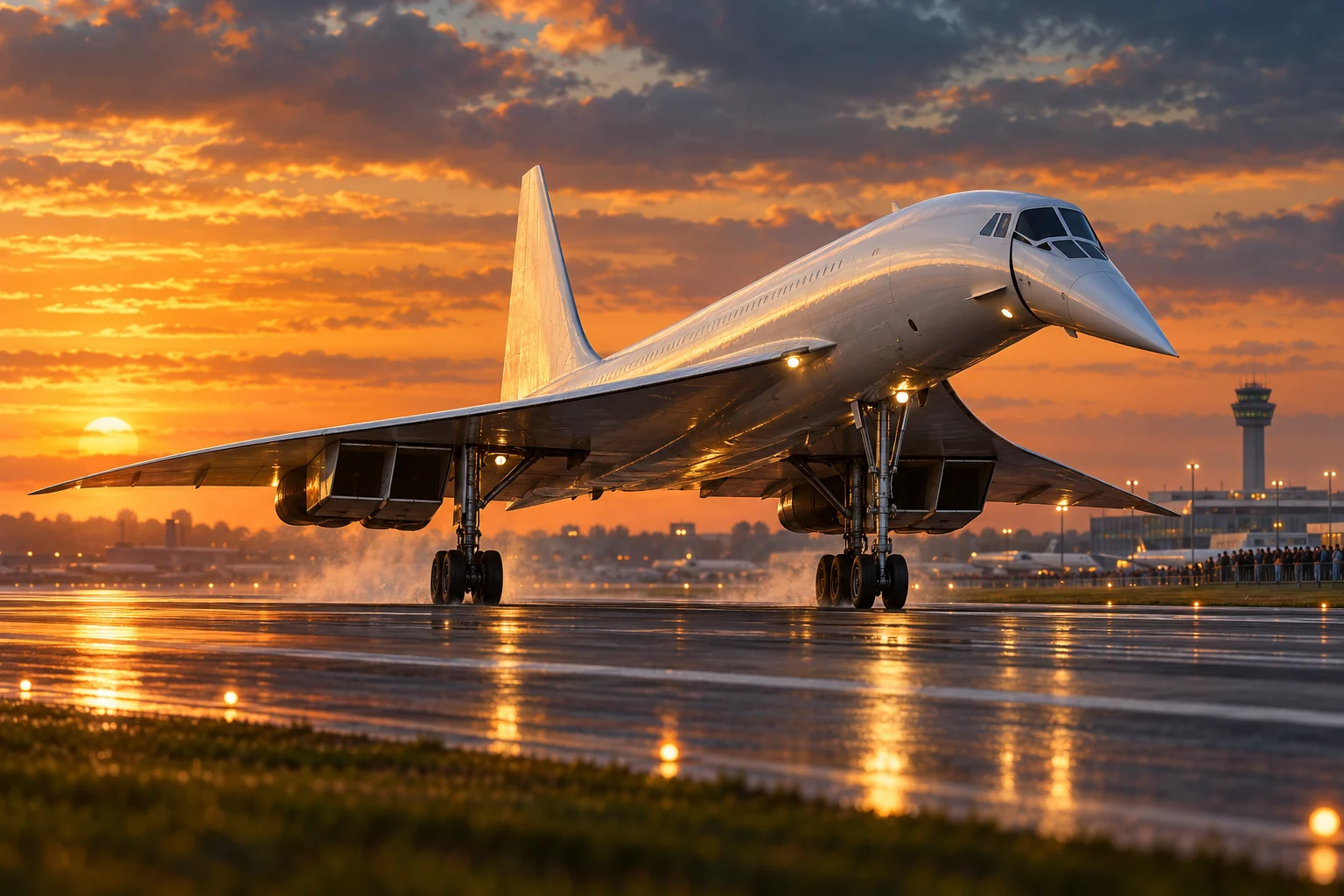 A white Concorde with its nose lowered stands on a reflective runway in warm late-afternoon light.