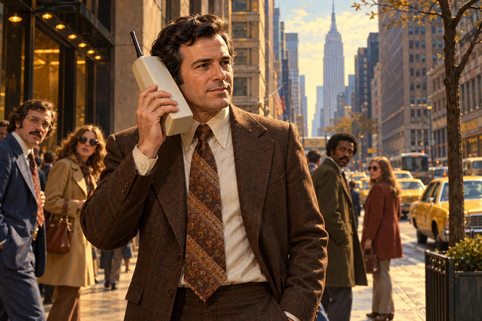 A suited engineer holds a large early handheld telephone on a 1970s Manhattan sidewalk.