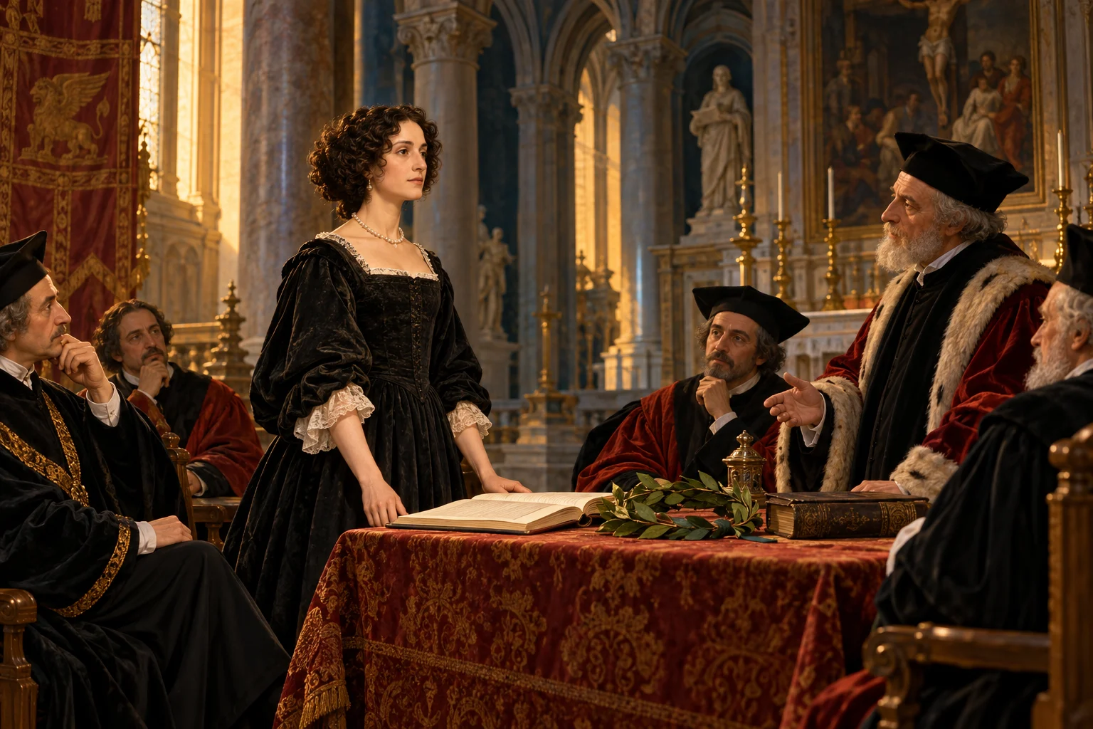 A seventeenth-century woman scholar stands before university examiners beside an open book and laurel wreath.