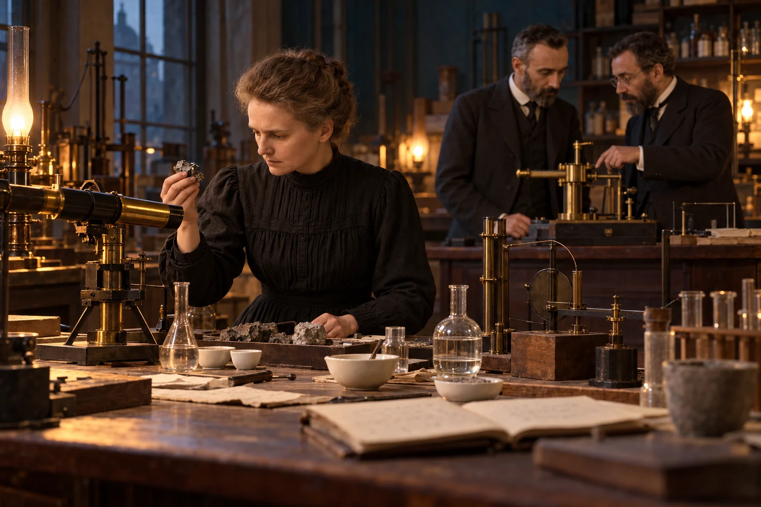 Marie Curie examines samples beside measuring apparatus while Pierre Curie and Gustave Bémont confer in a period workshop.