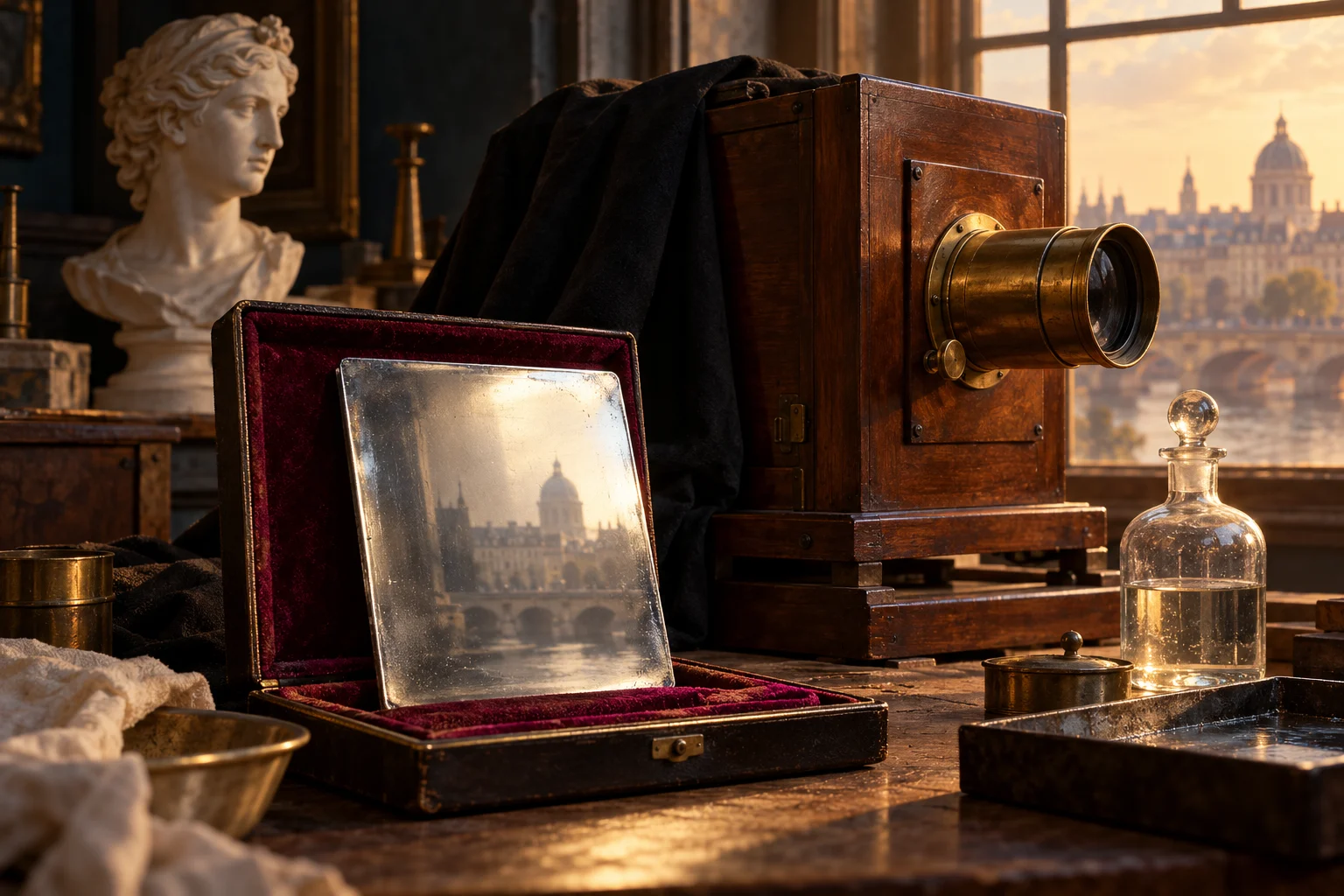 An early wooden box camera stands beside a reflective metal photographic plate in a velvet-lined holder.