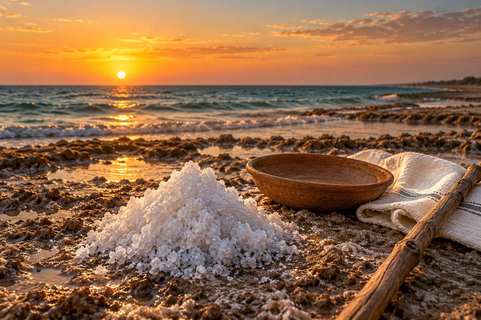 Natural salt, an earthenware bowl, handwoven cloth and a wooden staff lie beside a quiet Indian shore at dawn.