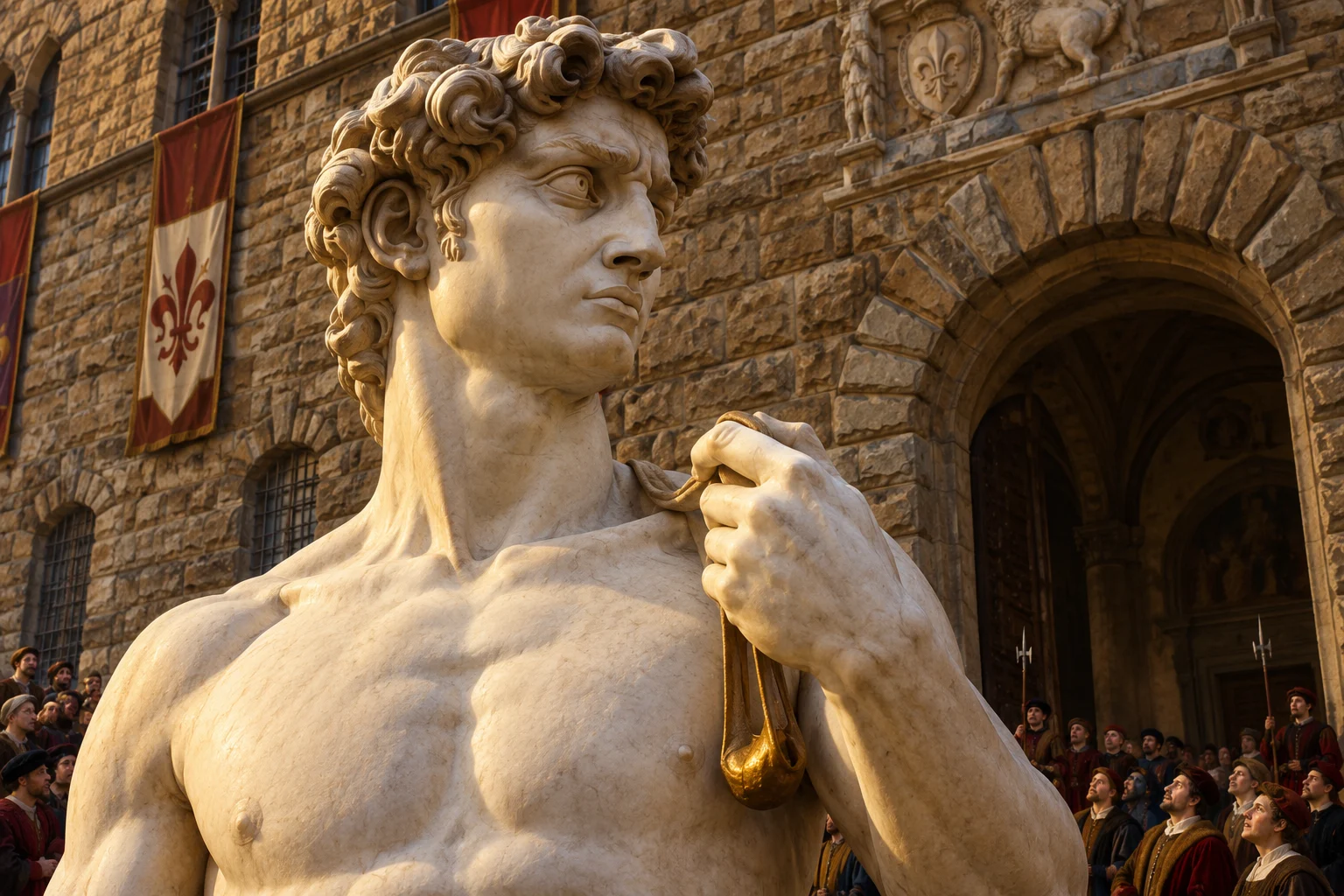 The marble head, shoulders and sling-bearing hand of David rise above Renaissance citizens outside Palazzo Vecchio.