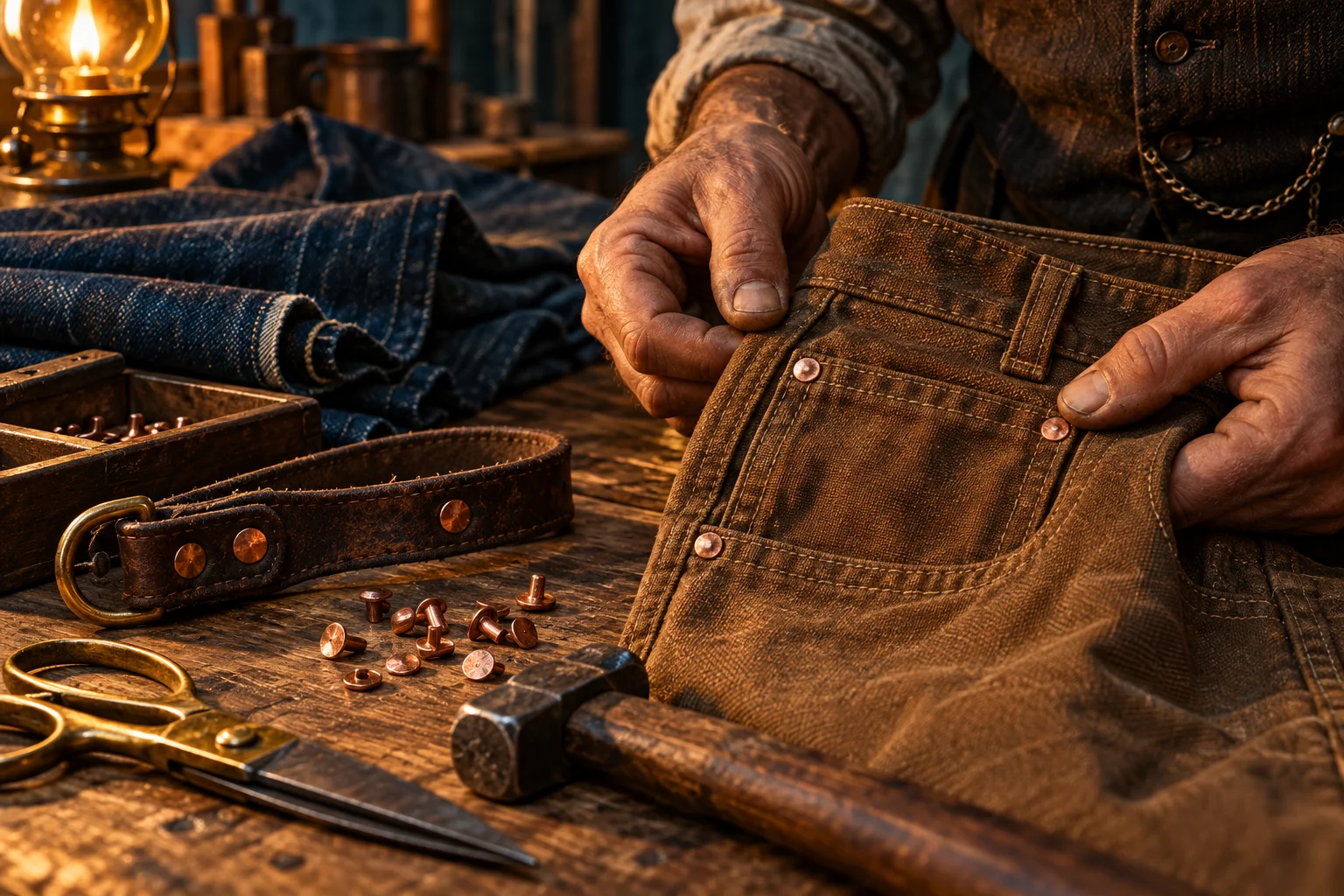A tailor's hands hold a riveted brown work-trouser pocket beside copper fasteners, scissors and a leather strap.