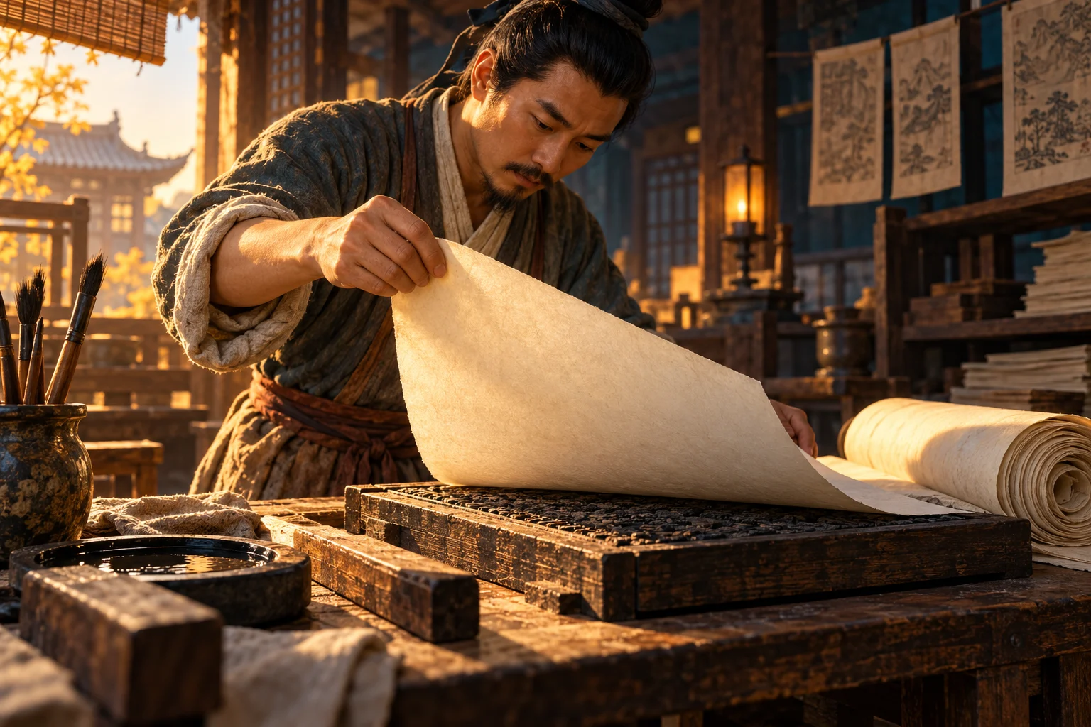 A Tang-period craftsperson lifts a paper sheet from a carved printing block in a wooden workshop.