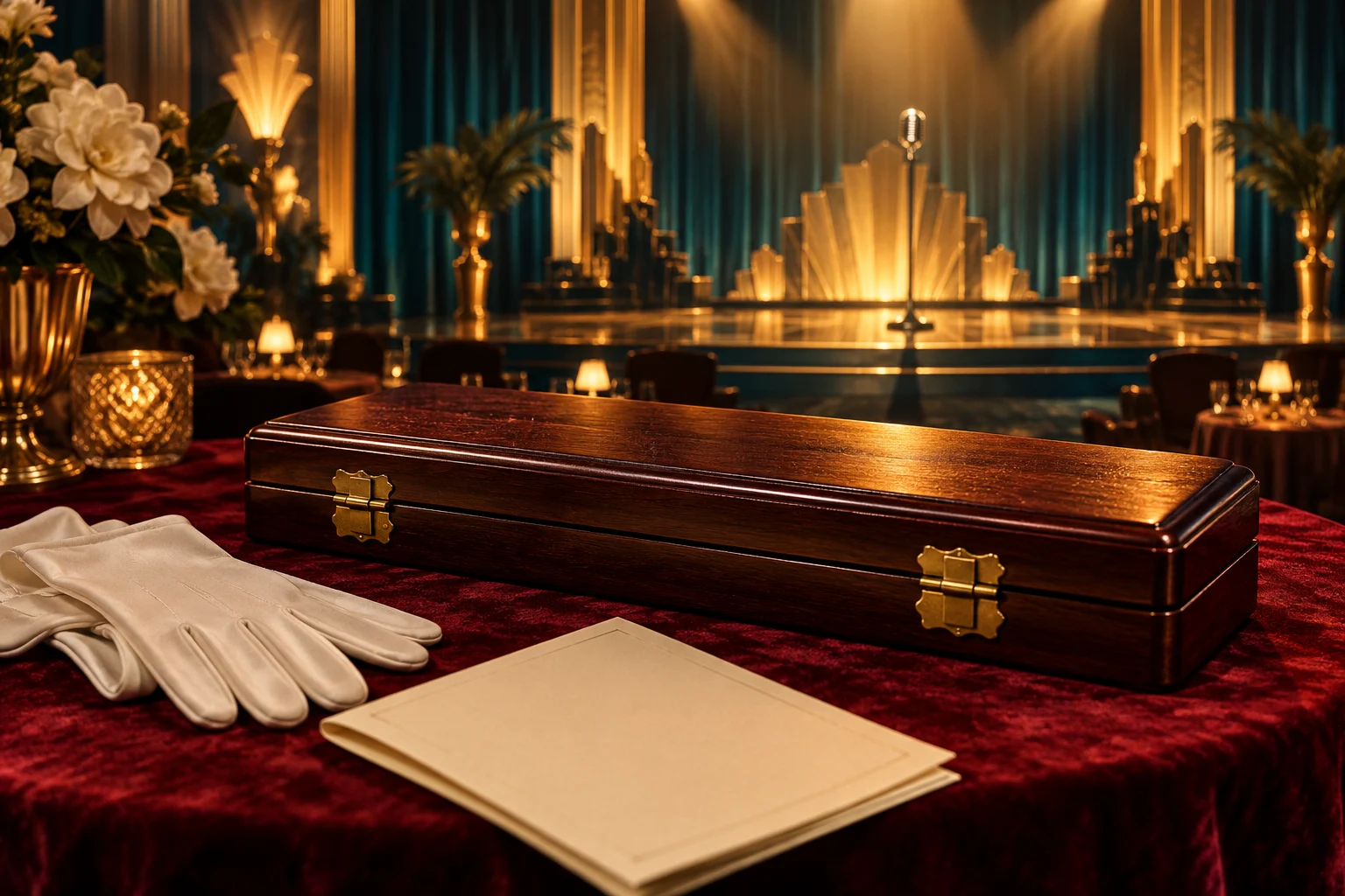 A closed wooden presentation case rests beside gloves in a warmly lit Art Deco ballroom.