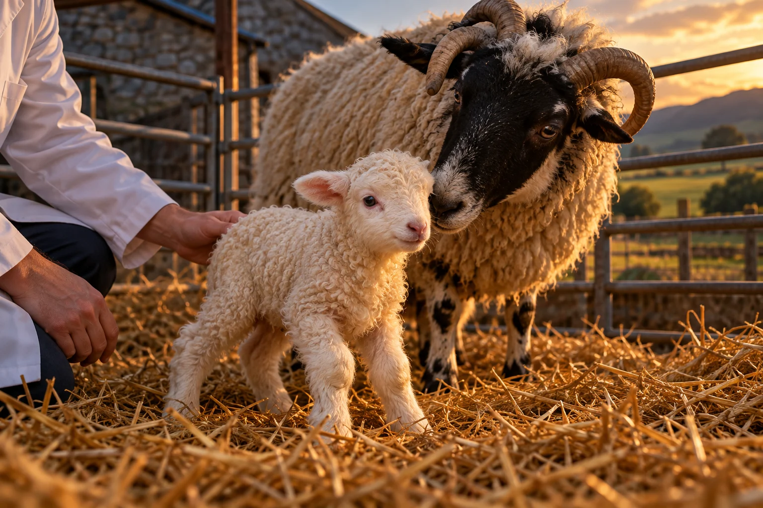 A white-faced lamb stands beside a black-faced surrogate ewe in a straw-lined research-farm pen.