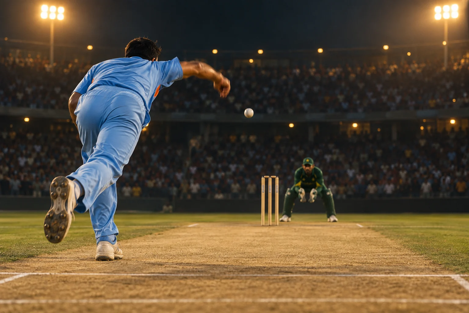 A bowler delivers a white ball toward cricket stumps without a batter under stadium floodlights.