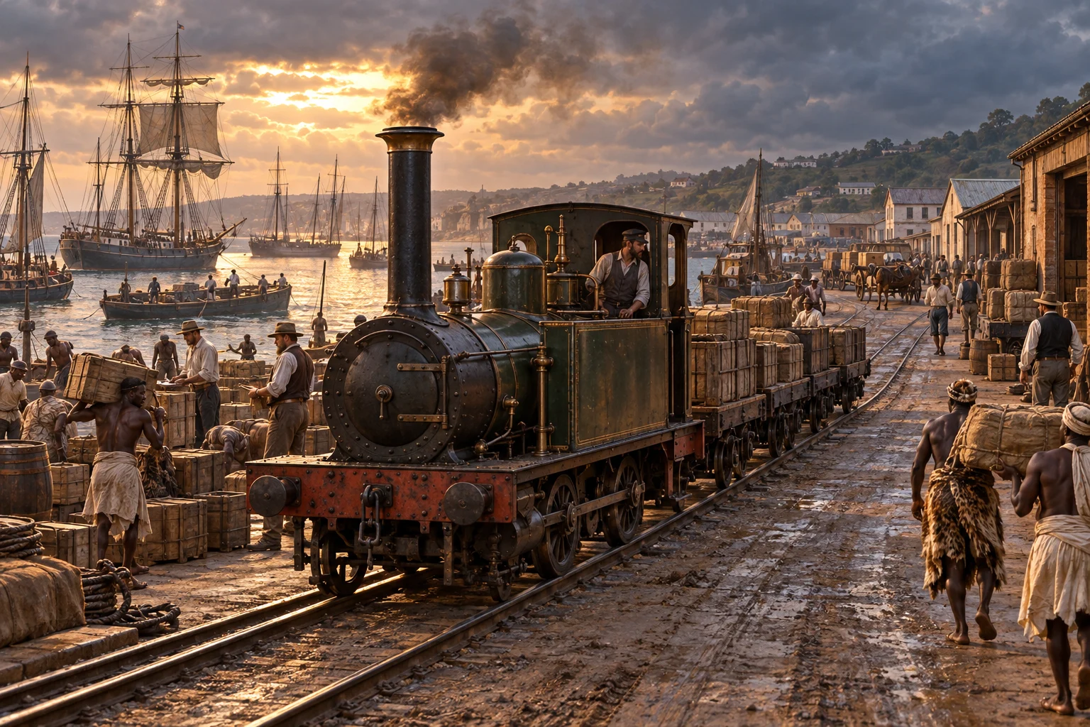 A small steam locomotive passes harbour cargo and dock workers, with sailing ships in the background at Durban.