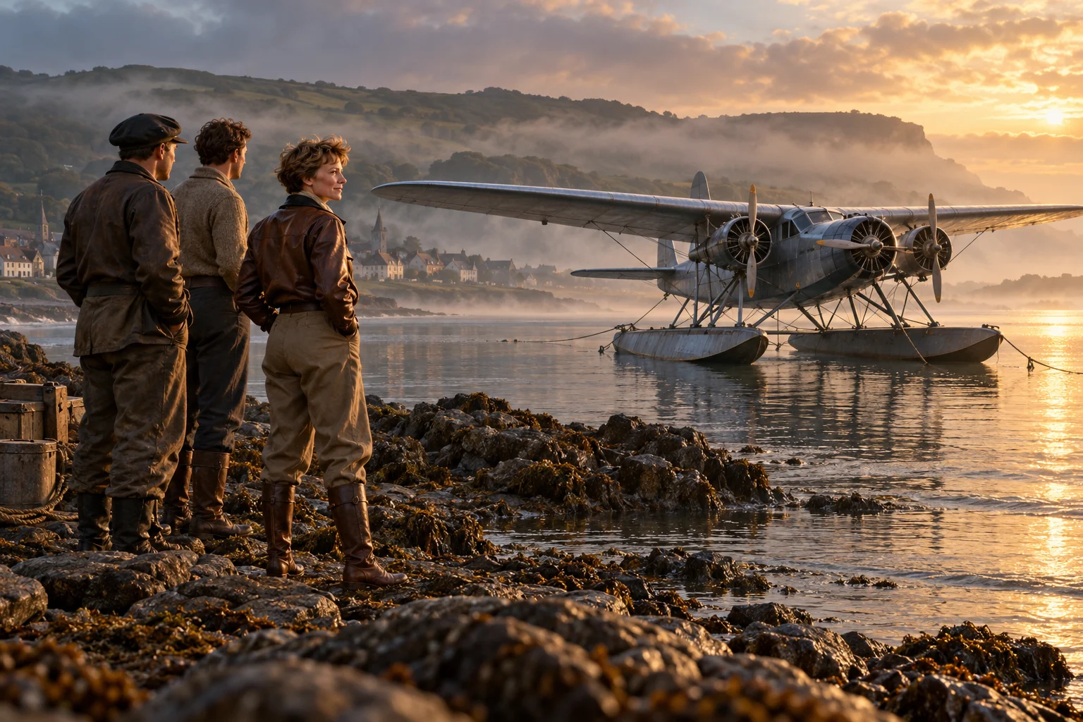 Amelia Earhart and two aircrew stand beside an estuary with a trimotor floatplane moored nearby.