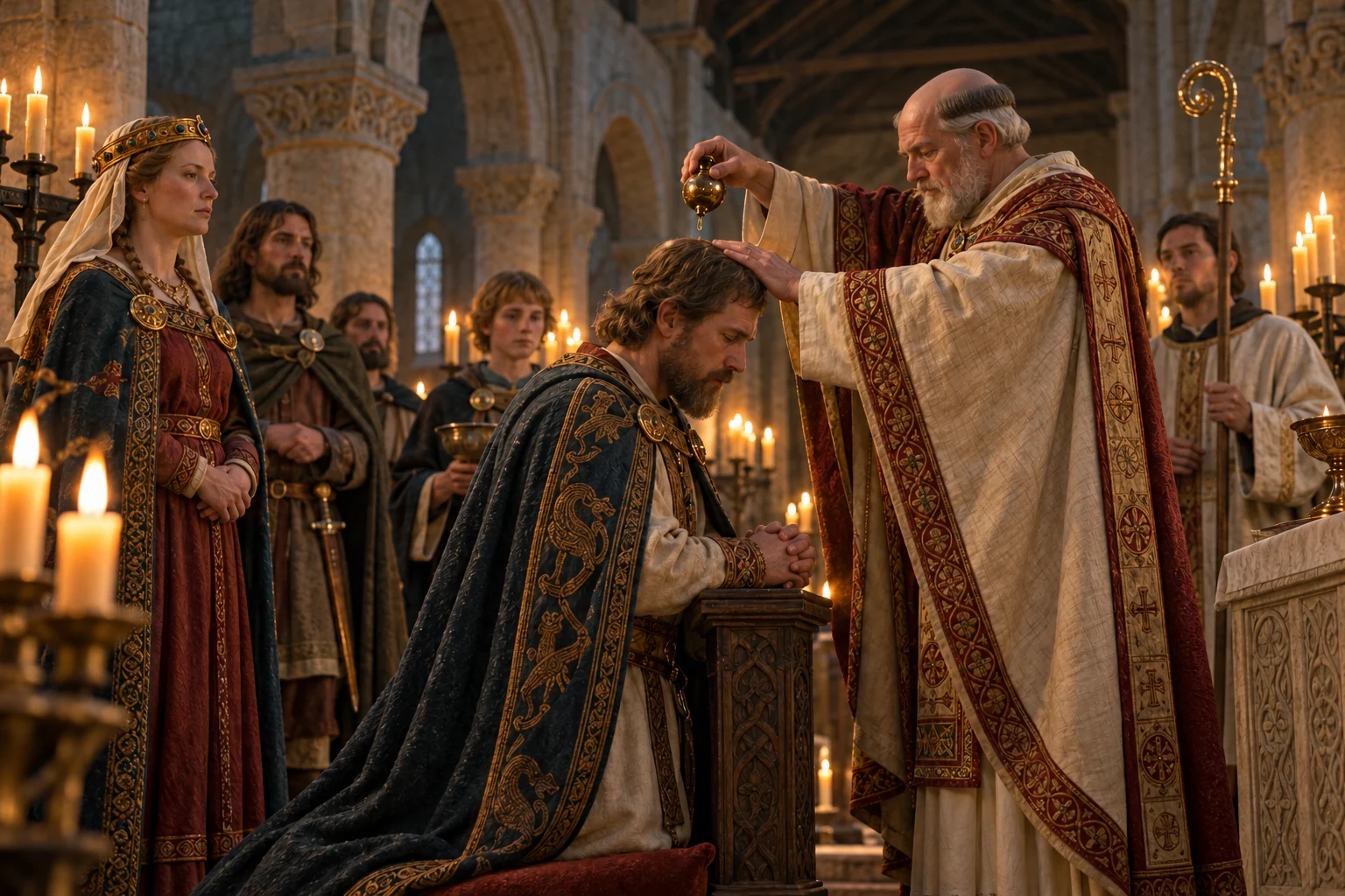 An early medieval king kneels for anointing in a stone church while a queen and attendants watch.