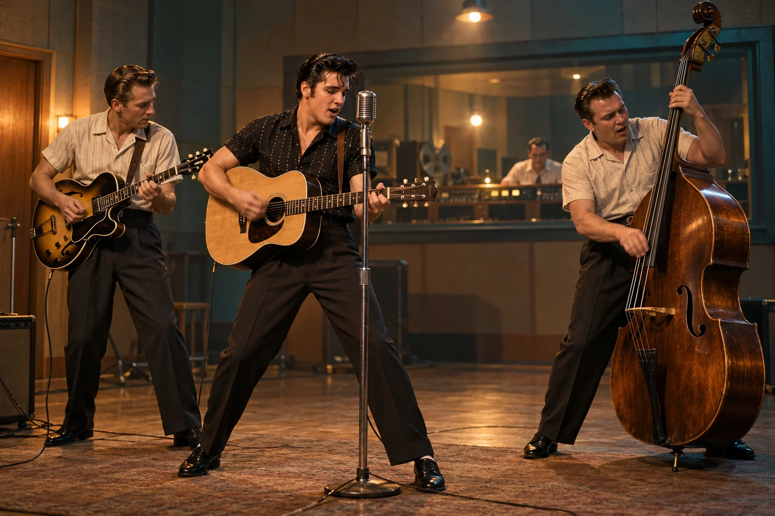 Three musicians play acoustic guitar, electric guitar and upright bass in a small 1950s recording studio.